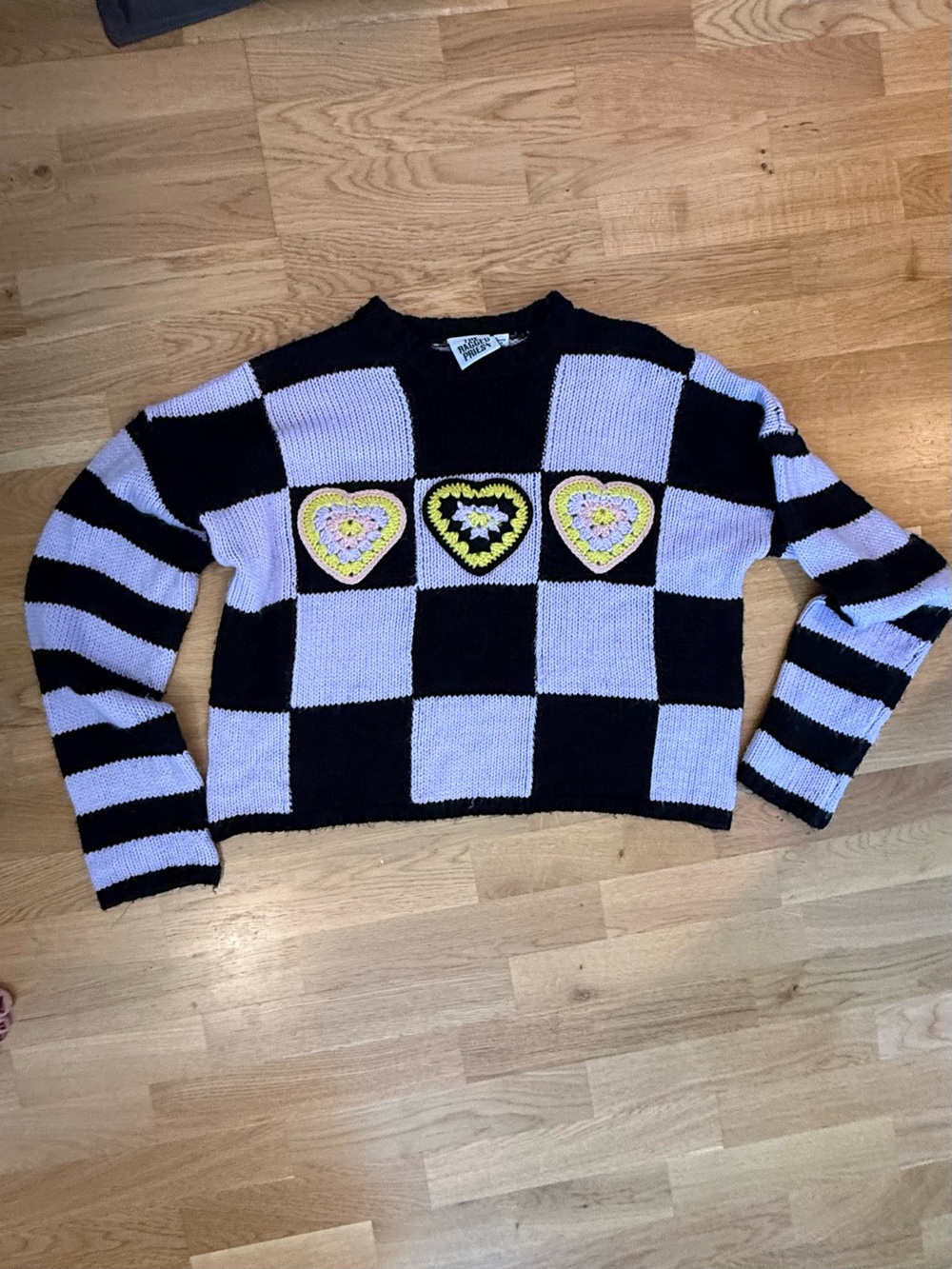 The Ragged Priest Black & Lavender Checkerboard Heart Cropped Sweater